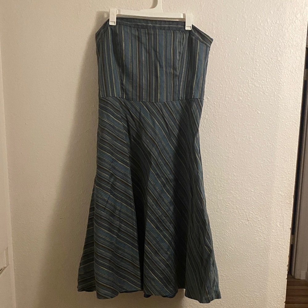 Green and Brown Striped Strapless Dress